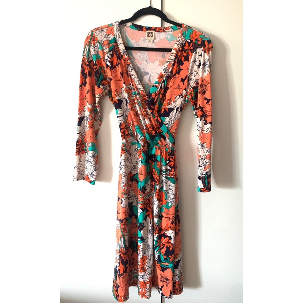 Anne Klein Floral Print Long Sleeve Faux-Wrap Dress - Size Medium